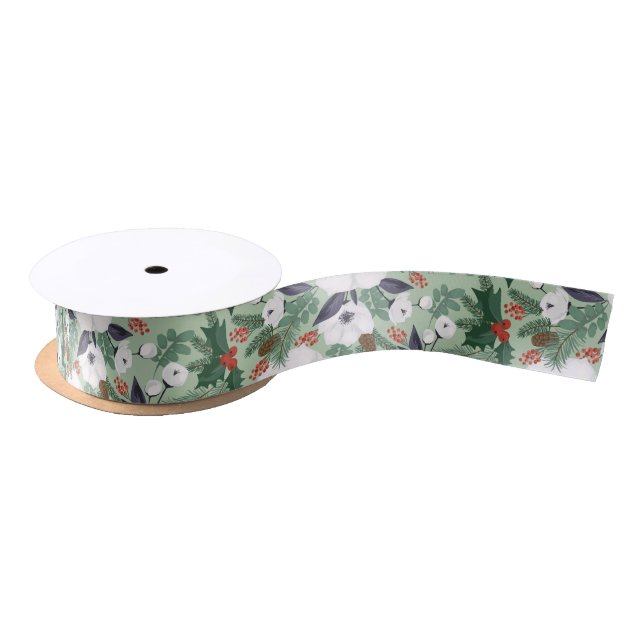 Ruban En Satin Fleurs de Noël blanches et baies rouges motif T (Bobine)