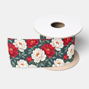 Ruban En Satin Fleurs de pivoine rouges et blanches