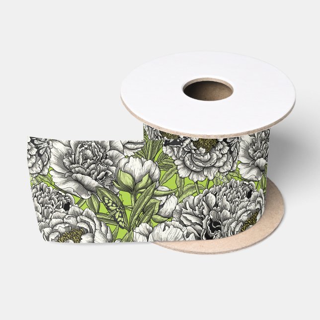 Ruban En Satin Fleurs de pivoines blanches et moisissures (Bobine)