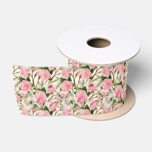 Ruban En Satin Fleurs de pivoines roses, Feuilles & Buds Motif (Bobine)