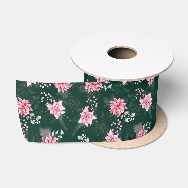 Ruban En Satin Fleurs de Poinsététie rose sur Vert foncé (Bobine)