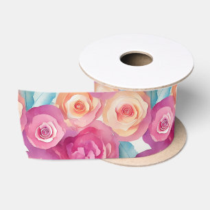 Ruban En Satin Fleurs de printemps roses peintes vibrant aquarell