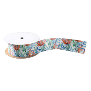 Ruban En Satin Fleurs de Protea et palmier feuille motif tropical