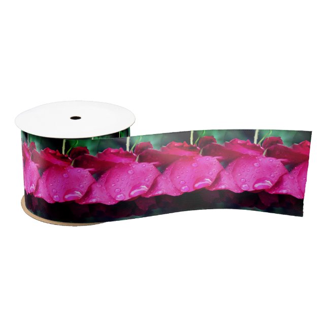 Ruban En Satin Fleurs De Roses Rouges Et Arroses (Bobine)