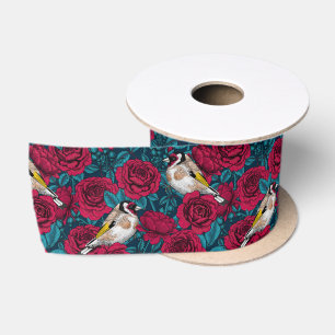 Ruban En Satin Fleurs de roses rouges et oiseaux d'or