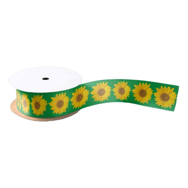 Ruban En Satin Fleurs de soleil jaunes sur vert (Bobine)
