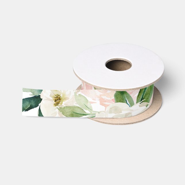 Ruban En Satin Fleurs de teintes rose à l'aquarelle (Bobine)