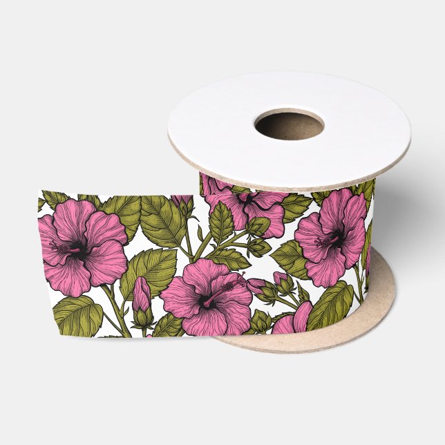 Ruban En Satin Fleurs d'hibiscus roses (Bobine)
