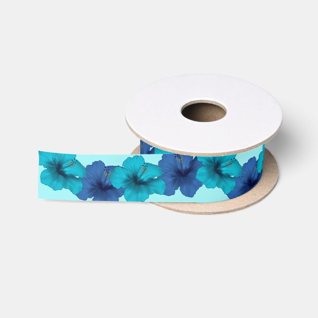 Ruban En Satin Fleurs d'Hibiscus Turquoise bleu tropical (Bobine)