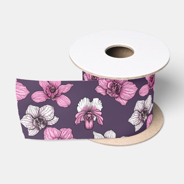 Ruban En Satin Fleurs d'orchidées roses (Bobine)