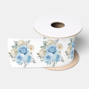 Ruban En Satin Fleurs Élégantes Bleu Poussiéreux Argent