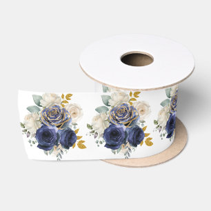 Ruban En Satin Fleurs élégantes bleues marine et or