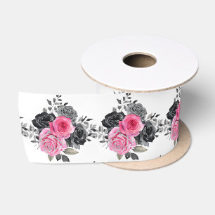 Ruban En Satin Fleurs élégantes rose chaud et argent