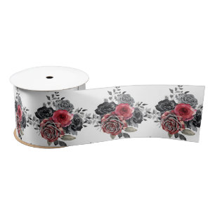 Ruban En Satin Fleurs élégantes rouges et argentées 
