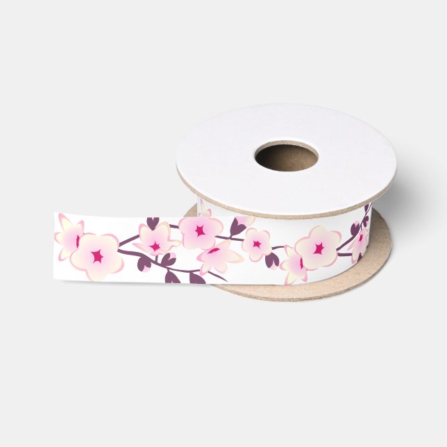 Ruban En Satin Fleurs florales de cerisier blanc rose (Bobine)