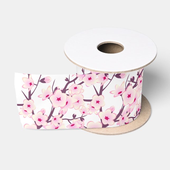 Ruban En Satin Fleurs florales de cerisier rose blanc (Bobine)