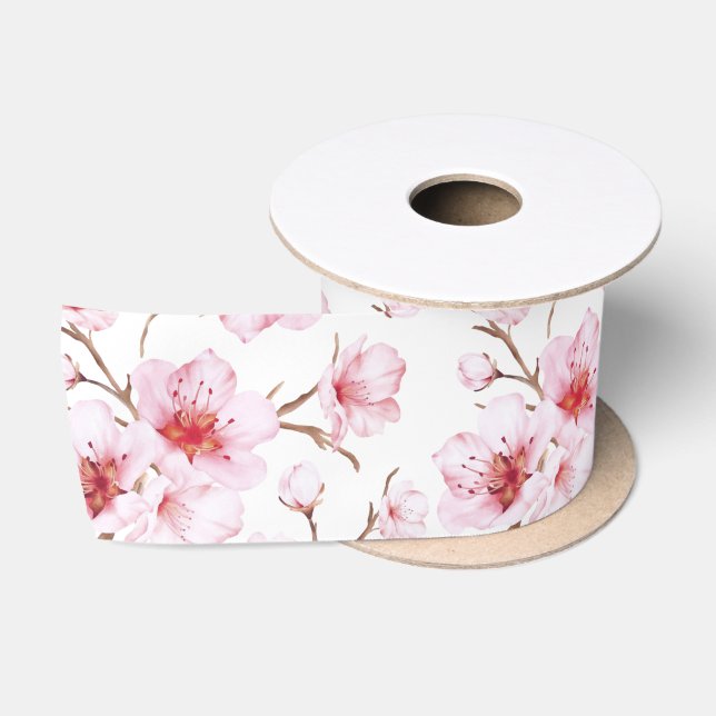 Ruban En Satin Fleurs florales de cerisier rose blanc (Bobine)