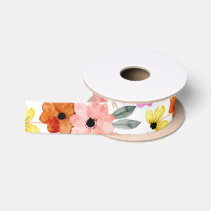 Ruban En Satin Fleurs florales rose, rouge, jaune aquarelle