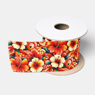 Ruban En Satin Fleurs hawaïennes tropicales Hibiscus Motif orange