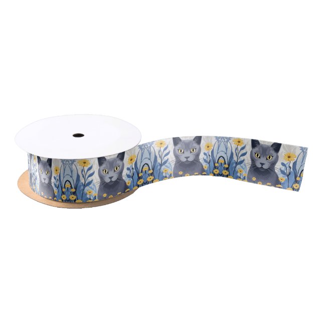 Ruban En Satin Fleurs Jaunes Chat Bleu Russe (Bobine)