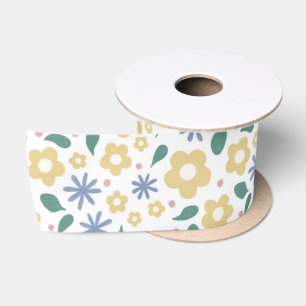 Ruban En Satin Fleurs jaunes et bleues esquissées