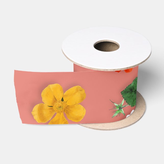 Ruban En Satin Fleurs jaunes et roses blanches 19 (Bobine)