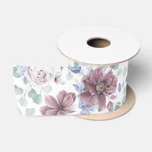 Ruban En Satin Fleurs mauves et bleues poussiéreuses Botanique