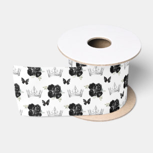 Ruban En Satin Fleurs noires et couronnes d'argent