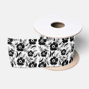 Ruban En Satin Fleurs Noires Sur Fond Blanc
