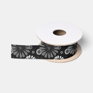 Ruban En Satin Fleurs rétro noir et blanc