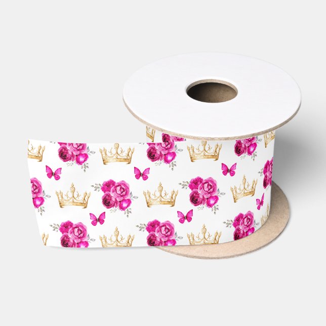 Ruban En Satin Fleurs roses chaudes et Couronnes d'or (Bobine)