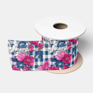 Ruban En Satin Fleurs roses et bleues En vichy Motif