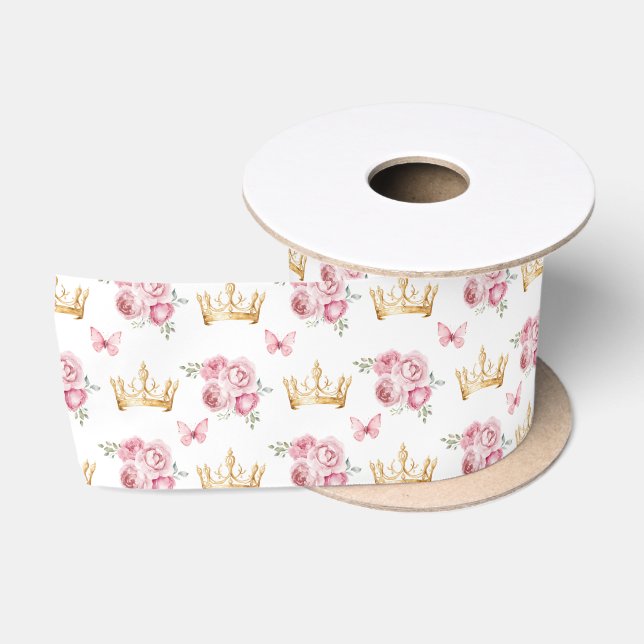 Ruban En Satin Fleurs roses et Couronnes d'or (Bobine)