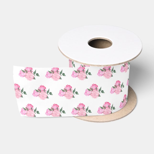 Ruban En Satin Fleurs roses et Motif de verdure (Bobine)