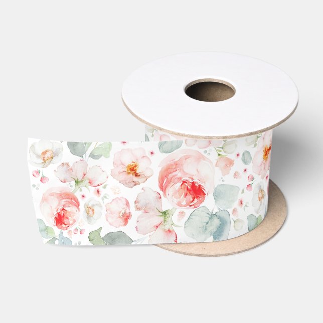 Ruban En Satin Fleurs roses légères élégantes botaniques modernes (Bobine)