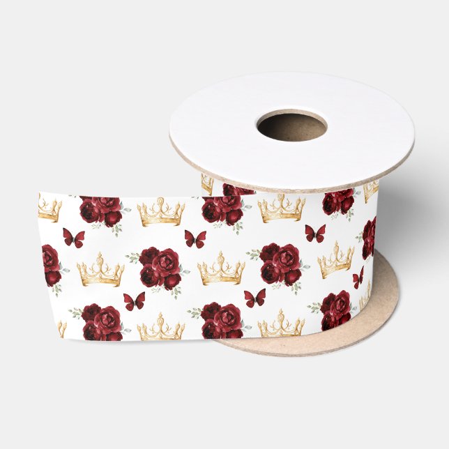 Ruban En Satin Fleurs rouges bourguignonnes et Couronnes d'or (Bobine)