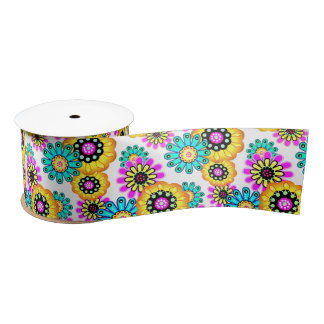 Ruban En Satin Fleurs rustique rétro jaune et turquoise