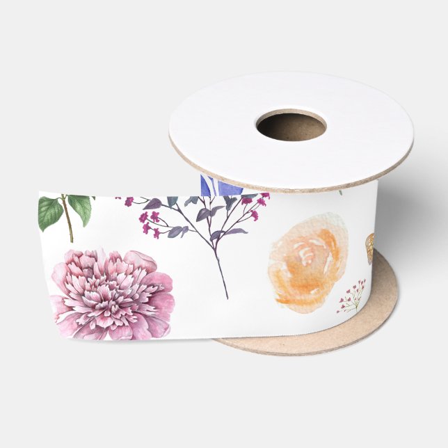 Ruban En Satin Fleurs sauvages pressées au printemps Papillon bla (Bobine)
