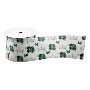 Ruban En Satin Fleurs vert foncé et couronnes argentées