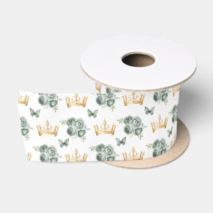Ruban En Satin Fleurs vert sauge et couronnes dorées