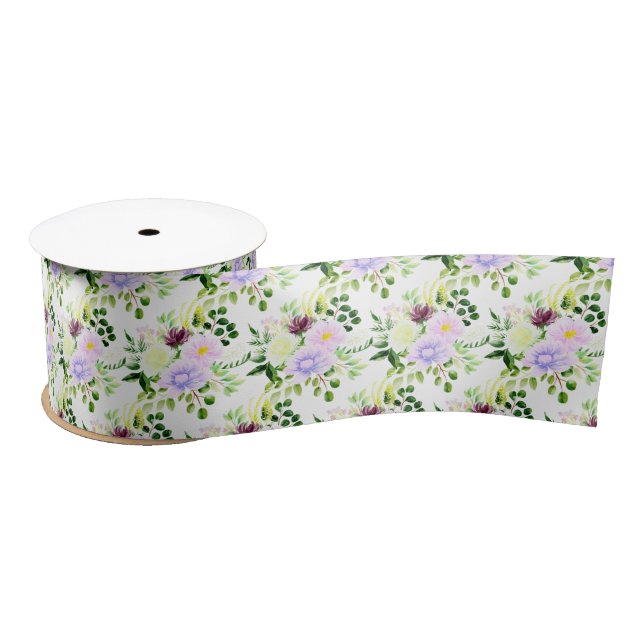 Ruban En Satin Fleurs violettes de printemps avec feuillage (Bobine)