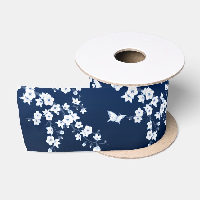 Ruban En Satin Floral Cerisier Fleurs Marine Bleu Blanc (Bobine)
