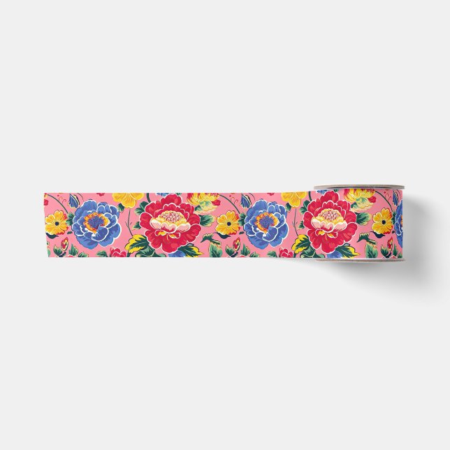 Ruban En Satin Floral Chinoiserie rose vif (Devant)