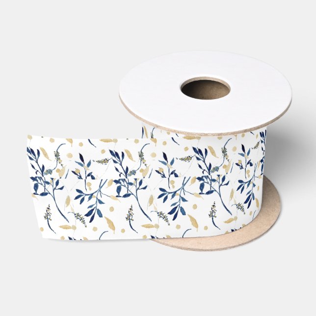 Ruban En Satin Floral d'aquarelle marine et or (Bobine)