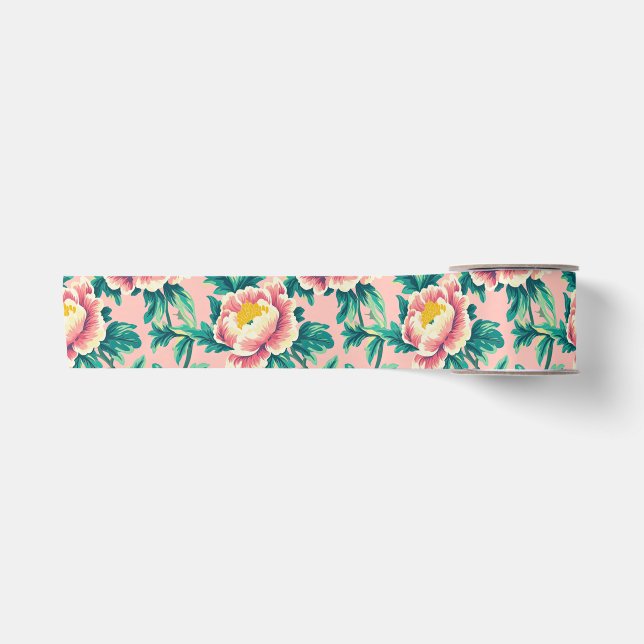 Ruban En Satin Floral de Chinoiserie rose gras (Devant)