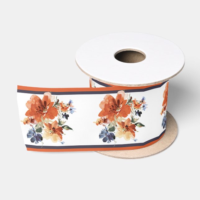 Ruban En Satin Floral orange et bleu (Bobine)