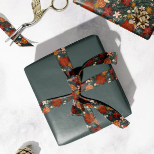 Ruban En Satin Flore Vintage d'hiver dessinée à la main Vert fonc