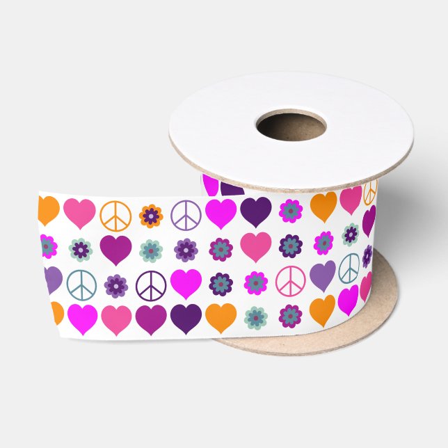 Ruban En Satin Flower Power Heart Peace Motif + votre backgr. (Bobine)