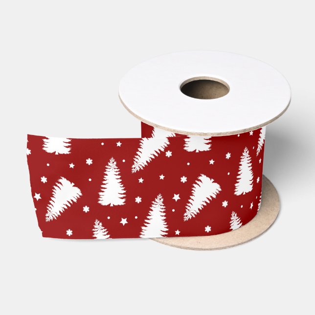 Ruban En Satin forêt de pins neige rouge moderne (Bobine)