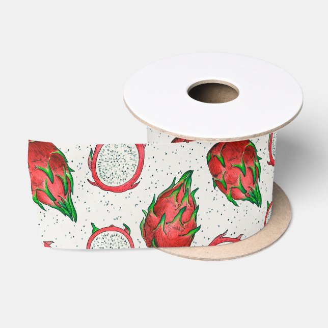 Ruban En Satin Fruit de dragon rouge sur blanc (Bobine)